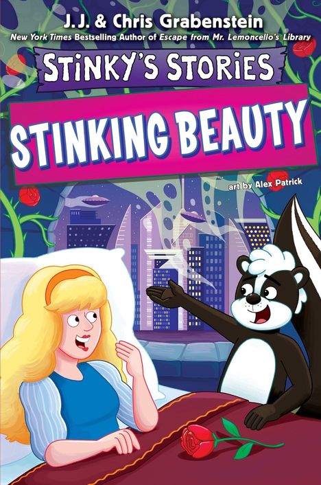 Titel: "Stinking Beauty". Oben: "J.J. & Chris Grabenstein". Illustration einer Frau im Bett mit einem sprechenden Stinktier.