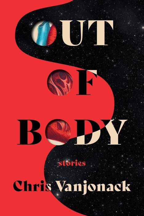 "OUT OF BODY stories" in großer Schrift. Hintergrund mit roten und schwarzen Flächen und einem sternenübersäten Bereich.