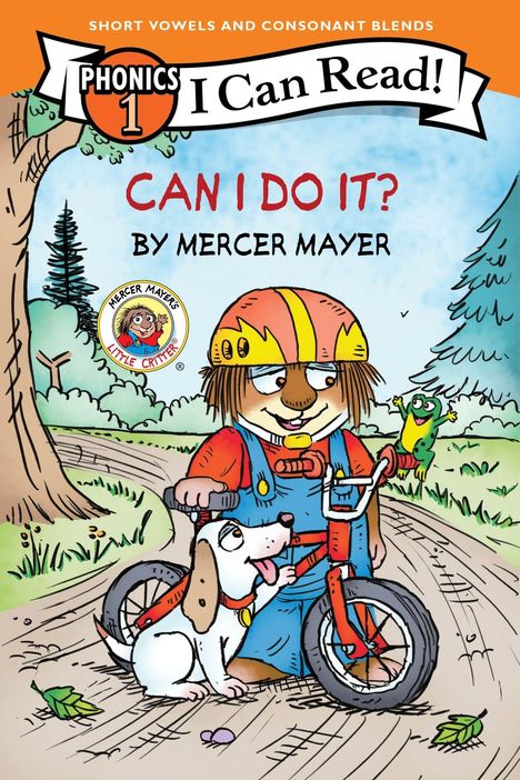 Oben steht „PHONICS 1 I Can Read!“ und „CAN I DO IT? BY MERCER MAYER“. Illustration: Ein Tier mit Helm und Fahrrad, Hund daneben.
