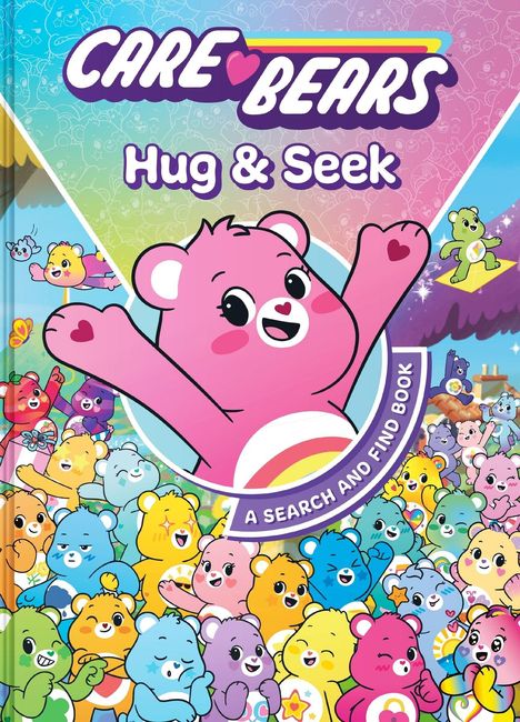 Text: "CARE BEARS Hug & Seek A SEARCH AND FIND BOOK." Fröhliche Bären in verschiedenen Farben jubeln und winken.