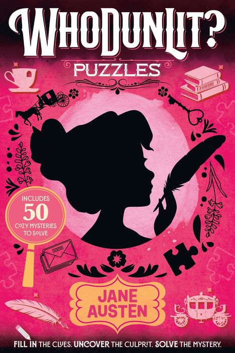 "WhoDunLit? Puzzles. Includes 50 cozy mysteries to solve. Jane Austen. Silhouette einer Frau mit Feder umgeben von Symbolen."