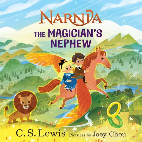 "Narnia: The Magician's Nephew" in großen Buchstaben. Ein Junge und ein Mädchen reiten auf einem geflügelten Pferd.
