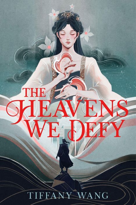 "The Heavens We Defy. Tiffany Wang." Eine Illustration einer Frau mit geschlossenen Augen und floraler Verzierung im Haar.