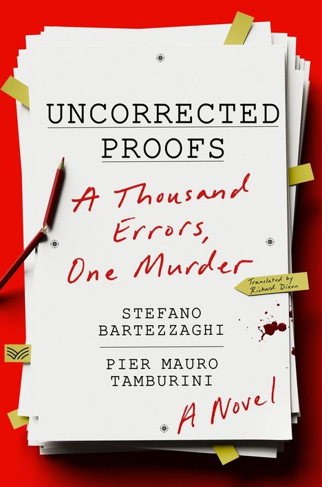 "UNCORRECTED PROOFS: A Thousand Errors, One Murder" steht auf Stapel Papier, rote Schrift, Blutflecken, roter Hintergrund.