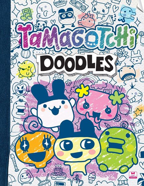Oben steht "Tamagotchi Doodles". Darunter sind bunte, fröhliche Zeichnungen von fünf cartoonartigen Figuren mit großen Augen.
