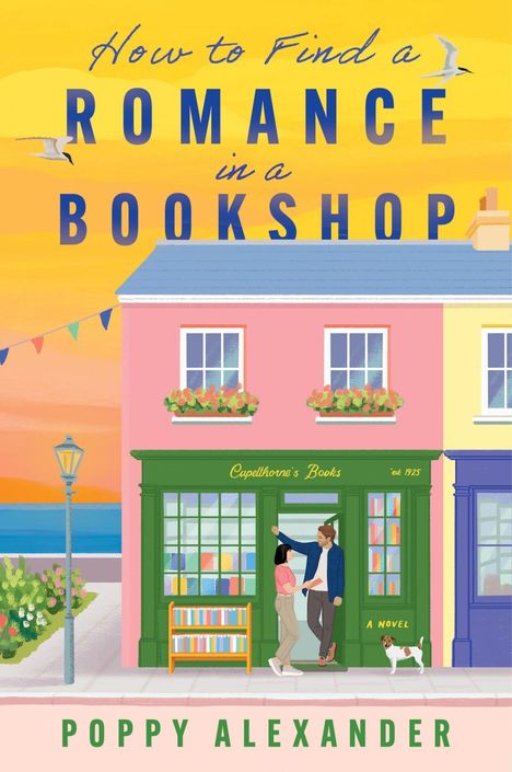 "How to Find a Romance in a Bookshop." Zwei Personen vor einem Buchladen mit grünem Eingang, bunte Häuser im Hintergrund.