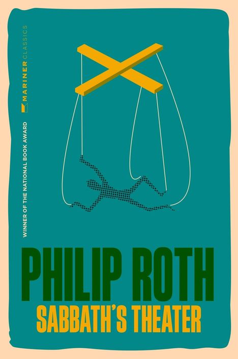 "Philip Roth: Sabbath's Theater" in großen Buchstaben. Illustration einer Marionette, aufgehängt an gelbem Kreuz.