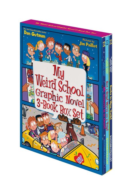 "My Weird School Graphic Novel 3-Book Box Set." Kinder in einem Schulbus, bunte, fröhliche Illustrationen.