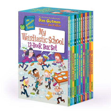 "My Weirdtastic School 12-Book Box Set" von Dan Gutman, illustriert von Jim Paillot. Comicfigur-Schulevent mit Kuchen.