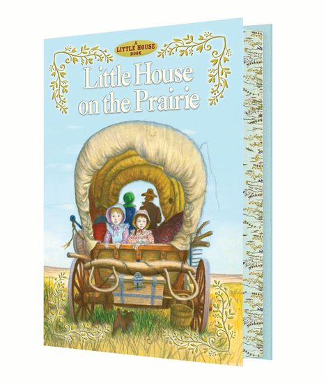 "Little House on the Prairie" oben, Illustration eines Planwagens mit Kindern und Erwachsenen; Landschaft im Hintergrund.