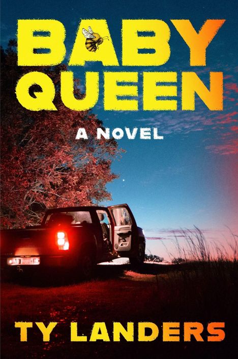 Text: "BABY QUEEN", "A NOVEL", "TY LANDERS". 

Eine offene Autotür bei Sonnenuntergang auf einem Feldweg.