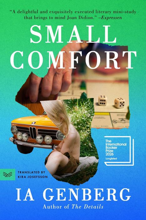 „Small Comfort“ von Ia Genberg. Zitat über das Buch. Gelbes Auto, Würfel, Person im Gras, pastellfarbener Hintergrund.