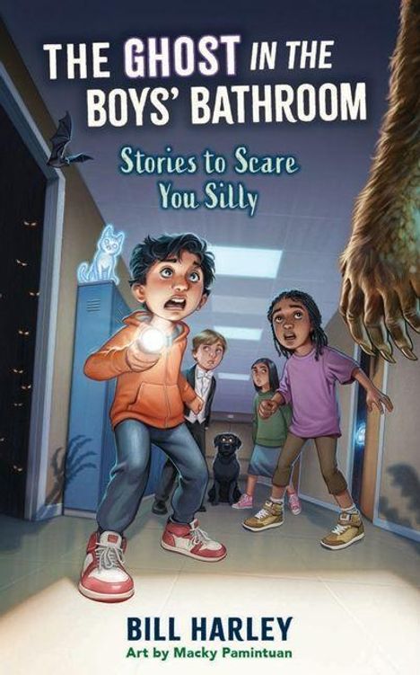 „The Ghost in the Boys’ Bathroom: Stories to Scare You Silly“ von Bill Harley, Illustration zeigt erschrockene Kinder im Flur.