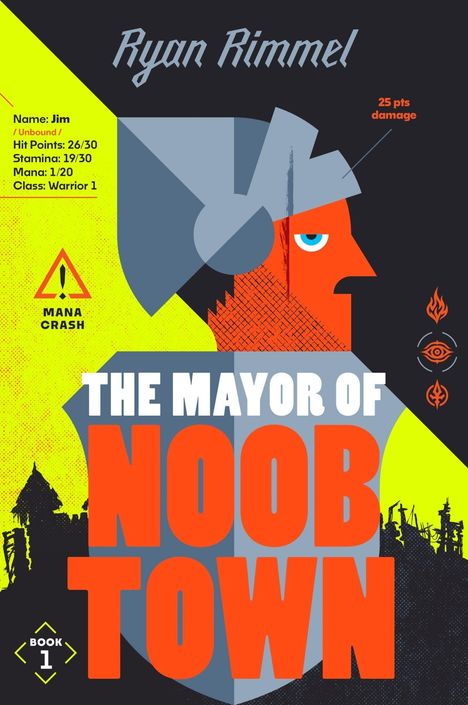 Text im Zentrum: "THE MAYOR OF NOOB TOWN". Illustratives Porträt eines Kriegers mit Helm, geometrisch gestaltet.