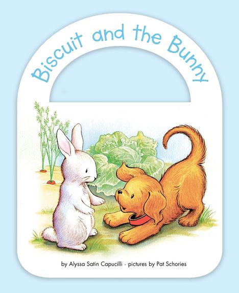 Text: „Biscuit and the Bunny“. Illustration: Ein Hund spielt freudig mit einem Hasen in einem Garten.