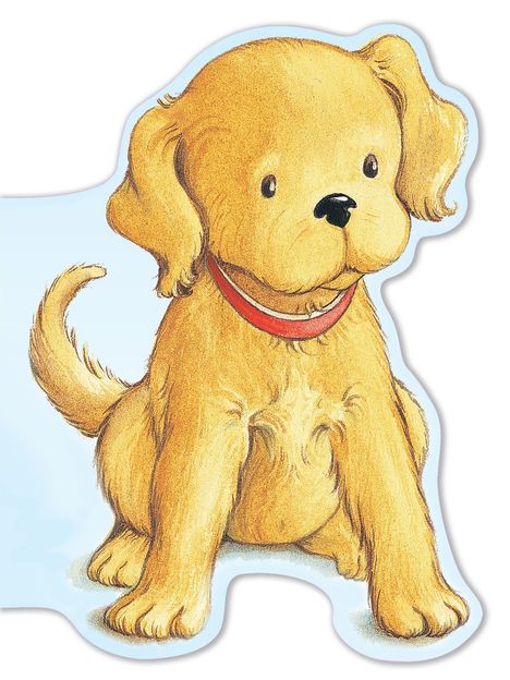 Illustration eines sitzenden, goldenen Welpen mit roten Halsband. Der Hund blickt freundlich nach vorne.
