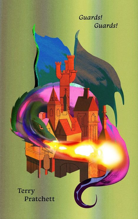 Text: Guards! Guards! Terry Pratchett  
Illustration: Bunter Drache, der Flammen auf eine mittelalterliche Stadt spuckt.
