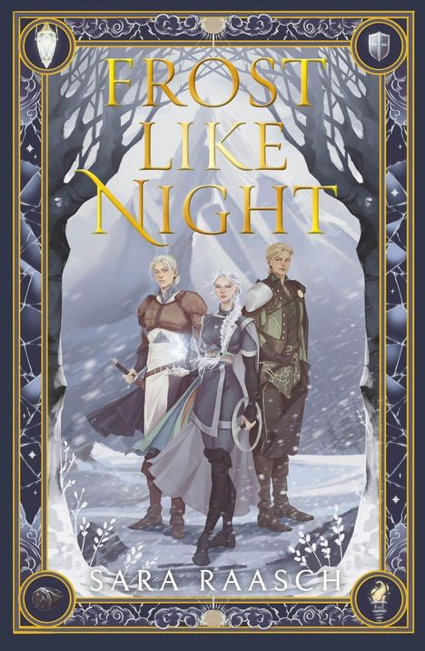 "FROST LIKE NIGHT" und "SARA RAASCH" stehen in goldener Schrift vor winterlicher Kulisse mit drei Figuren.