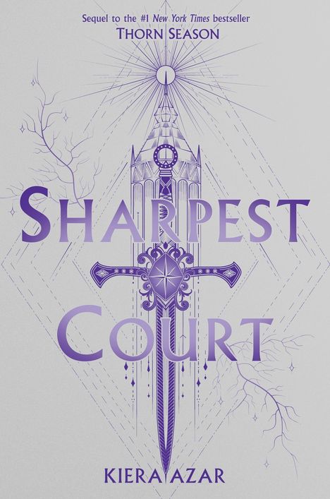 "Sharpest Court" von Kiera Azar. Illustration von Schwert mit Ornamenten und filigranen Zweigen umgeben von feinen Linien.