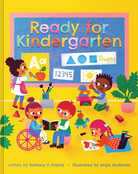 Eine Illustration zeigt Kinder beim Lernen: Malen, Lesen und Formen erkennen vor einem farbenfrohen Plakat.