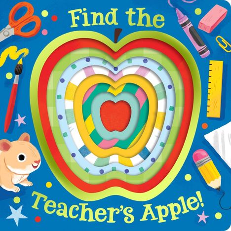 "Find the Teacher's Apple!" In der Mitte ein buntes Apfelmuster. Umgeben von Schulutensilien und einem Hamster.