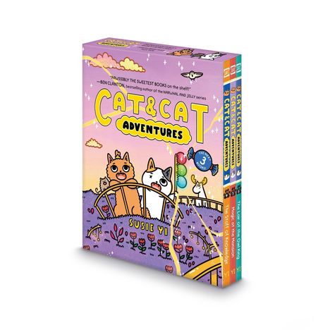 "Cat & Cat Adventures" auf rosa Hintergrund. Zwei Cartoon-Katzen auf einer Blumenwiese, Schmetterlinge und Regenbogen.