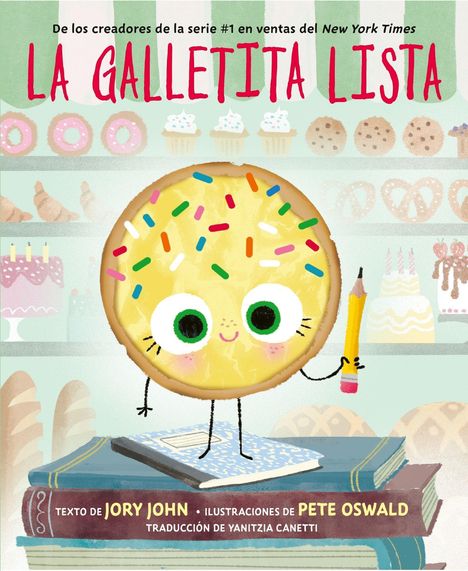"La Galletita Lista" in rosa Schrift. Keks mit Augen und Regenbogen-Streuseln hält einen Bleistift, umgeben von Gebäck.