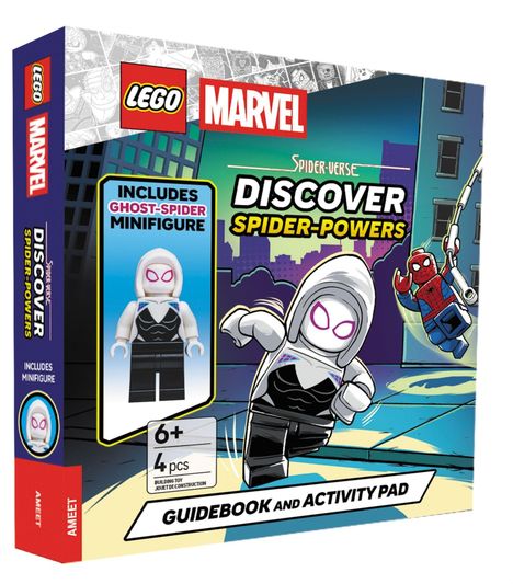 "Includes Ghost-Spider Minifigure." LEGO-Logo, Marvel-Logo, Comic-Illustration von Ghost-Spider und Spider-Man.