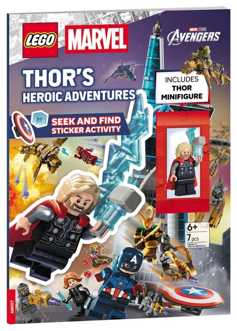"THOR'S HEROIC ADVENTURES", "INCLUDES THOR MINIFIGURE", LEGO Superhelden, Avengers, Thor mit Hammer und Minifiguren.