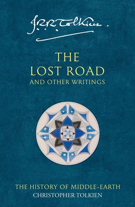 „The Lost Road and Other Writings“ von J.R.R. Tolkien. Muster mit blauen und braunen sternförmigen Elementen.