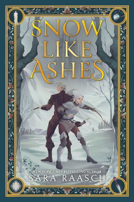 "Snow Like Ashes", Sara Raasch. Zwei Personen in Winterkleidung, bewaffnet, vor verschneiter Landschaft.