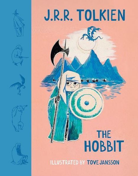 J.R.R. Tolkien, The Hobbit, illustriert von Tove Jansson. Ein Krieger mit Schild und Axt, Berge und ein Drache darüber.