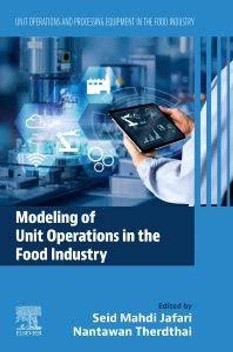 Text: "Modeling of Unit Operations in the Food Industry." Hände halten ein Tablet mit industriellem Hintergrund.