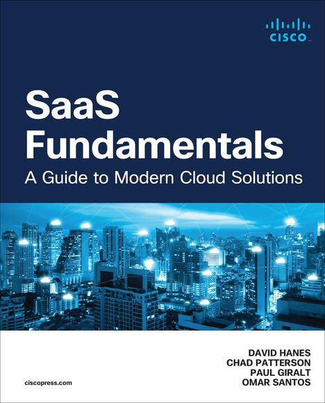 "SaaS Fundamentals: A Guide to Modern Cloud Solutions". Unten sind Namen von vier Autoren. Im Hintergrund Stadt bei Nacht.