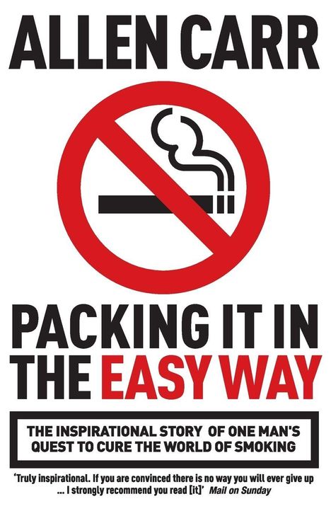 Text: "Allen Carr Packing It In The Easy Way." Ein rotes Verbotsschild mit einer durchgestrichenen Zigarette.