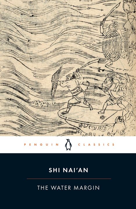 "Shi Nai'an, The Water Margin." Illustration zeigt eine historische Schlachtszene auf Wasser, Männer mit Schildern und Schwertern.