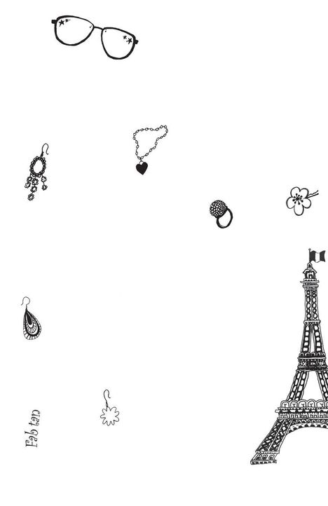 Text: "Fashion". Illustration mit Brille, Schmuck, Blume und Eiffelturm.