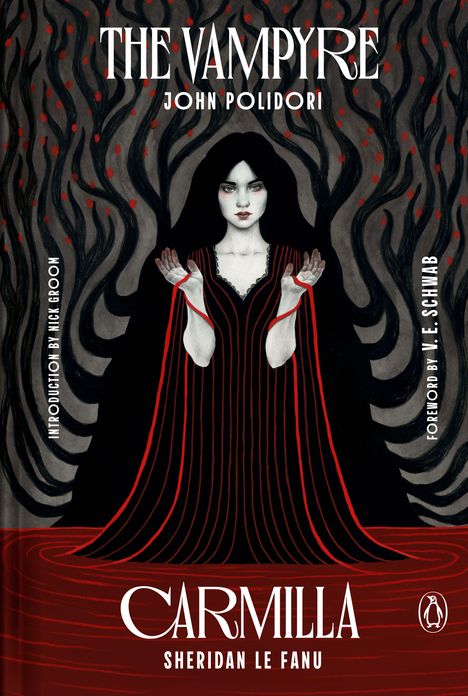 „THE VAMPYRE“ von John Polidori oben, „CARMILLA“ von Sheridan Le Fanu unten. Illustration einer Frau in schwarzem Kleid mit roten Bändern.