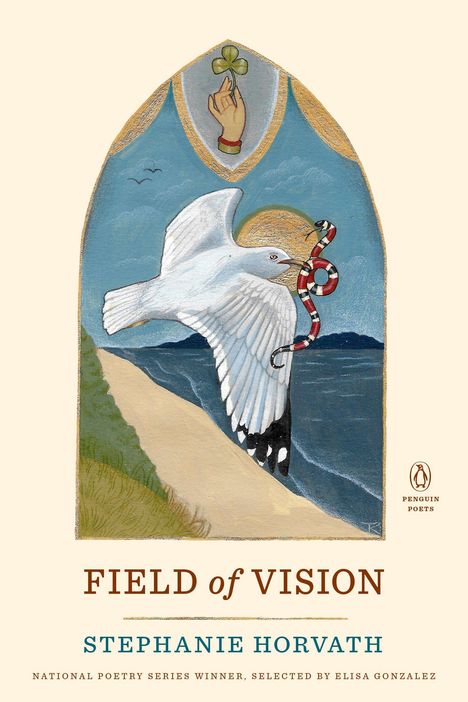 "FIELD of VISION", "STEPHANIE HORVATH". Illustration: Möwe trägt Schlange, im Hintergrund Wasser und Himmel.