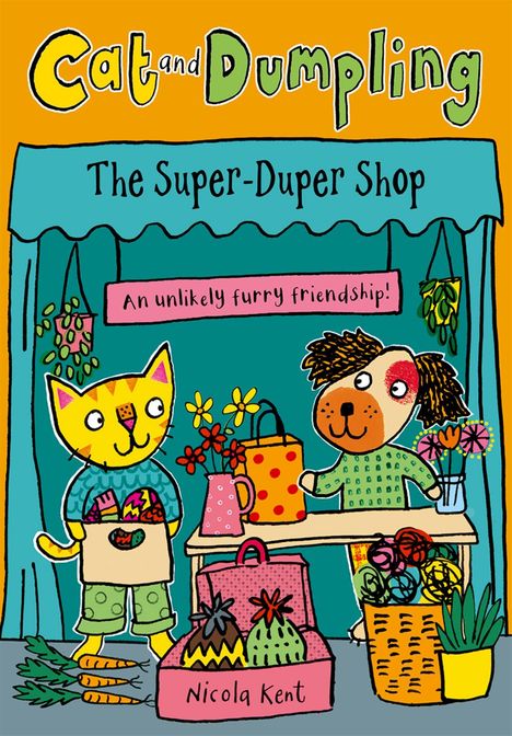 „Cat and Dumpling“ und „The Super-Duper Shop“. Eine Katze und ein Hund verkaufen bunte Waren an einem Stand.