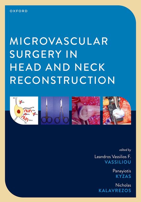 Text: "Microvascular Surgery in Head and Neck Reconstruction". Bilder: Diagramm, Scheren, chirurgische Szenen.