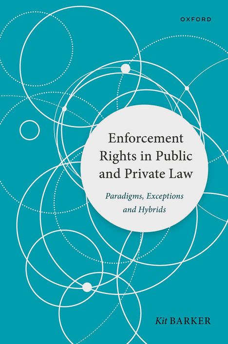 "Enforcement Rights in Public and Private Law". Blaue Illustration mit weißen, überlappenden Kreisen und Punkten.
