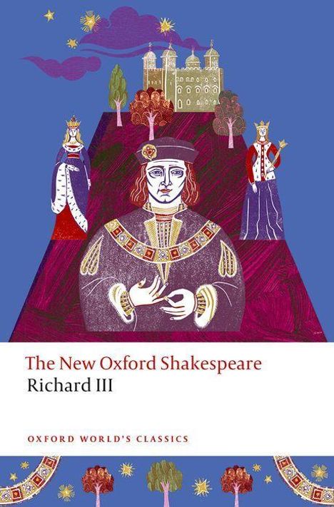 "The New Oxford Shakespeare: Richard III" steht auf einem Cover. Es zeigt eine Illustration von Richard III und einem Schloss.