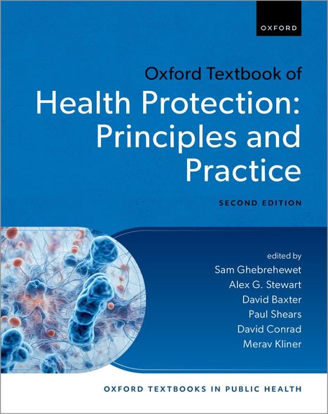"Oxford Textbook of Health Protection: Principles and Practice, Second Edition" auf blauem Hintergrund, unten medizinisches Motiv.
