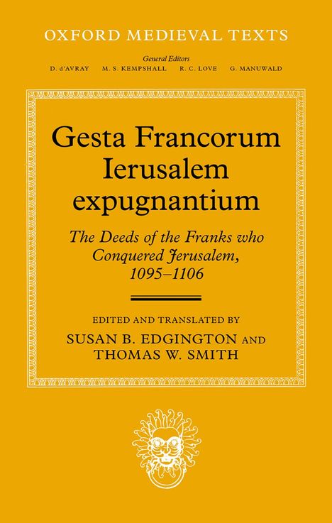 "Gesta Francorum Ieruslaem expugnantium" steht auf gelbem Hintergrund. Unten ein dekoratives Emblem.