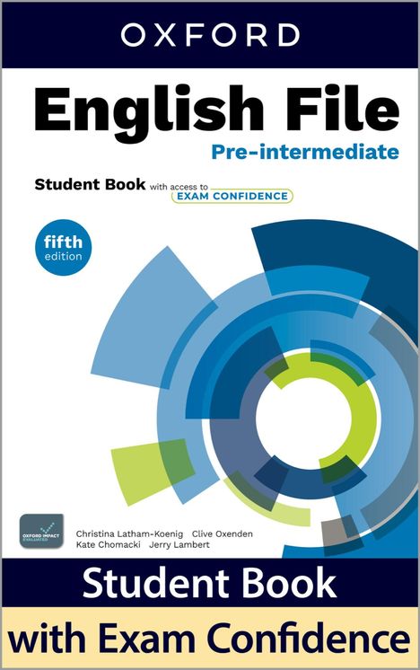 "English File Pre-intermediate, fifth edition, Student Book. Kreise in Blau und Grün rechts. 'Oxford' oben."