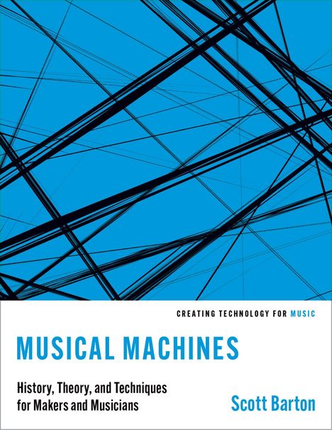 "Musical Machines" von Scott Barton. Blaue Linien auf weißem und blauem Hintergrund, technisch modernes Design.