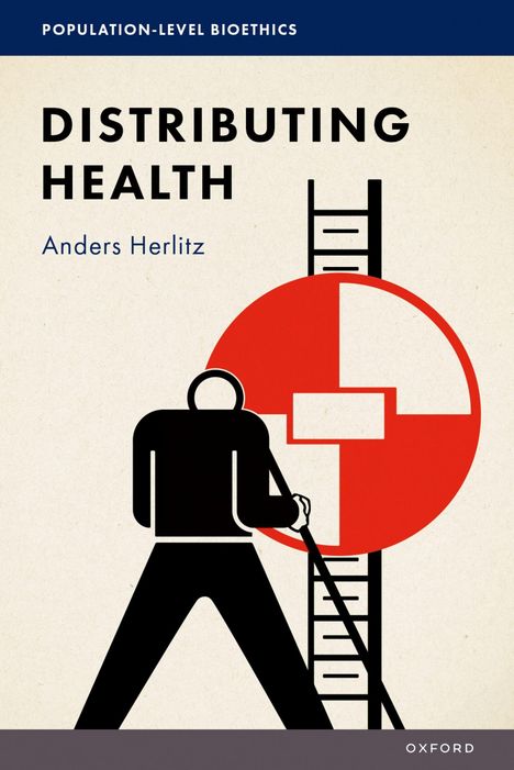 "Distributing Health" von Anders Herlitz. Illustration: Figur mit Stock, rote und weiße Kreise, daneben eine Leiter.