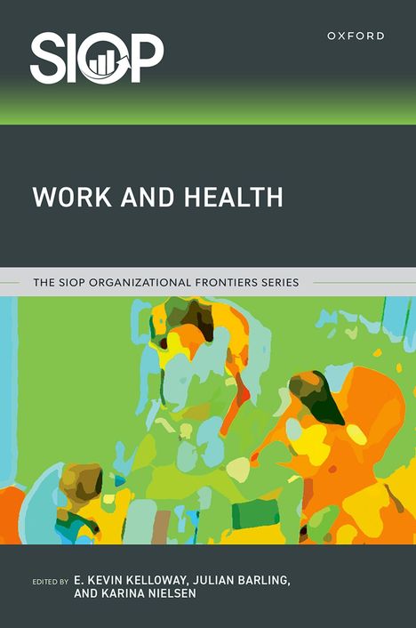 "WORK AND HEALTH" oben, darunter bunte abstrakte Illustration in grünen, blauen und orange Tönen.