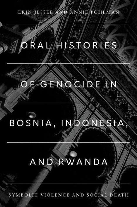 "Oral Histories of Genocide in Bosnia, Indonesia, and Rwanda: Symbolic Violence and Social Death." Schwarz-weißes architektonisches Muster im Hintergrund.